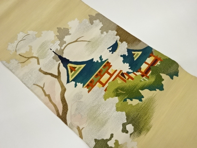 綴れ寺院風景模様織出し名古屋帯